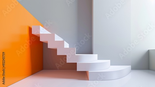Minimalist interior with a spiral staircase and contrasting orange accent.