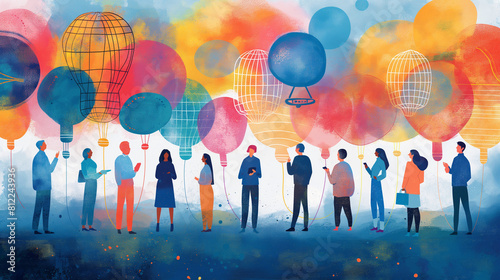 Creative Brainstorming: Diverse Group Exchanging Ideas with Colorful Thought Bubbles.