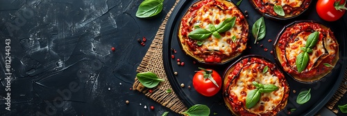 Eggplant parmesan sandwiches with marinara and mozzarella  fresh food banner  top view with copy space