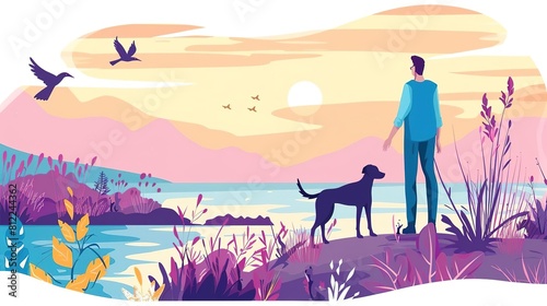 A man and his dog watch the sunset over a lake