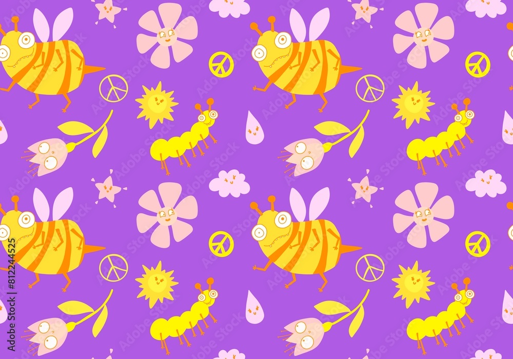 Cartoon summer print seamless bee and flower and sun and clouds and peace sign Cartoon summer print seamless bee and flower and sun and clouds and peace sign