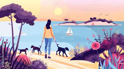 A woman walking her two dogs along a costal path at sunset. photo