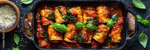 Eggplant rollatini with spinach and ricotta, fresh food banner, top view with copy space