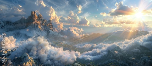 Majestic Mountain Landscape with Dramatic Clouds and Shafts of Sunlight photo