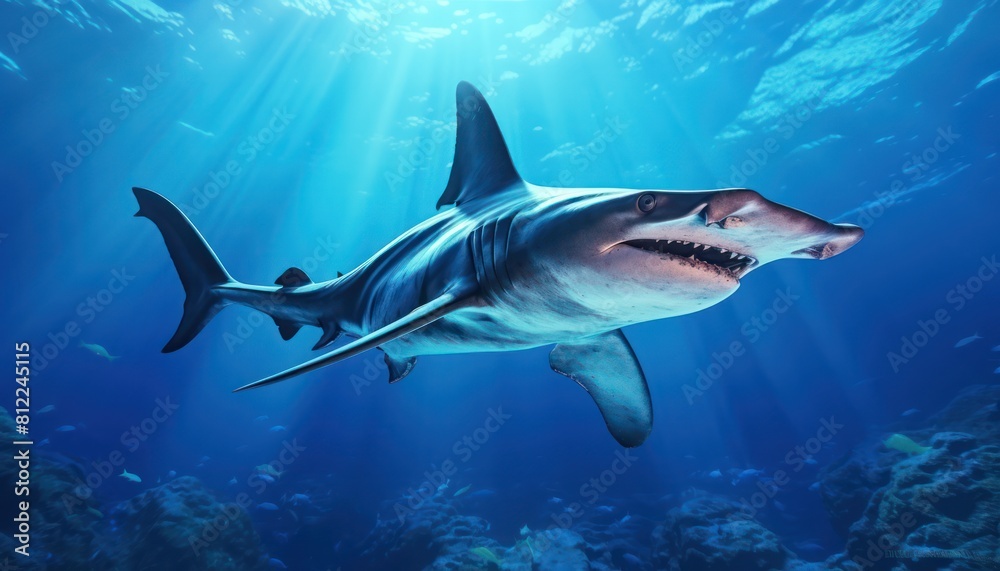 Naklejka premium Great White Shark in the ocean, portrait of White shark hunting prey in the underwater