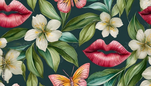 abstract seamless graphic pattern with lips butteflies leaves and vintage flowers hand drawn illustration glamorous design good for production wallpapers cloth and fabric printing