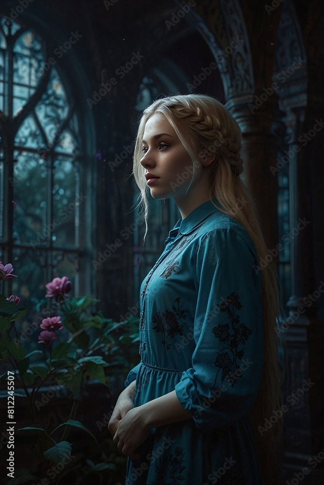 Lunar Bloom: Cinematic Portrait of a Beautiful Young Woman with Long Blonde Hair, Surrounded by Twilight Florals Lunar Bloom: Cinematic Portrait of a Beautiful Young Woman with Long Blonde Hair, Surrounded by Twilight Florals