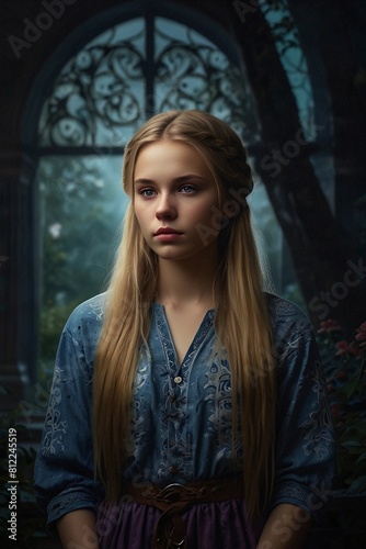 Lunar Bloom: Cinematic Portrait of a Beautiful Young Woman with Long Blonde Hair, Surrounded by Twilight Florals