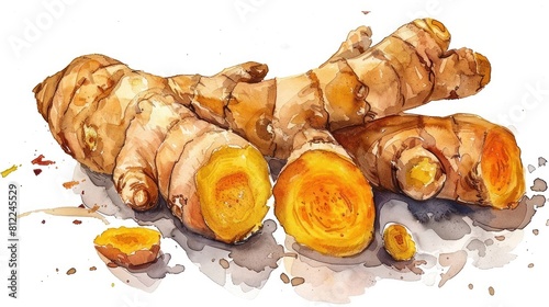 Depiction of Vibrant Turmeric Rhizome in Watercolor Style photo