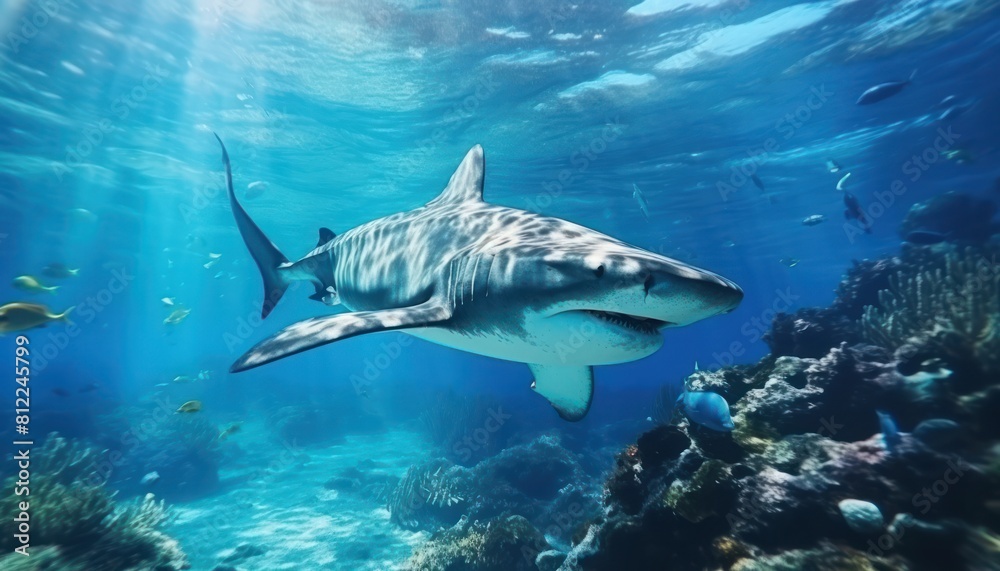 Naklejka premium Great White Shark in the ocean, portrait of White shark hunting prey in the underwater