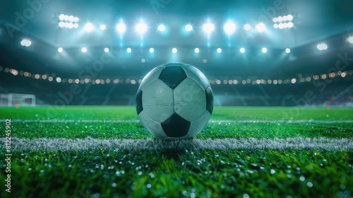 A soccer ball resting on the green turf of the stadium bathed in soft stadium lights