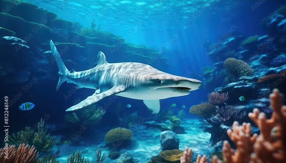 Great White Shark in the ocean, portrait of White shark hunting prey in the underwater Great White Shark in the ocean, portrait of White shark hunting prey in the underwater