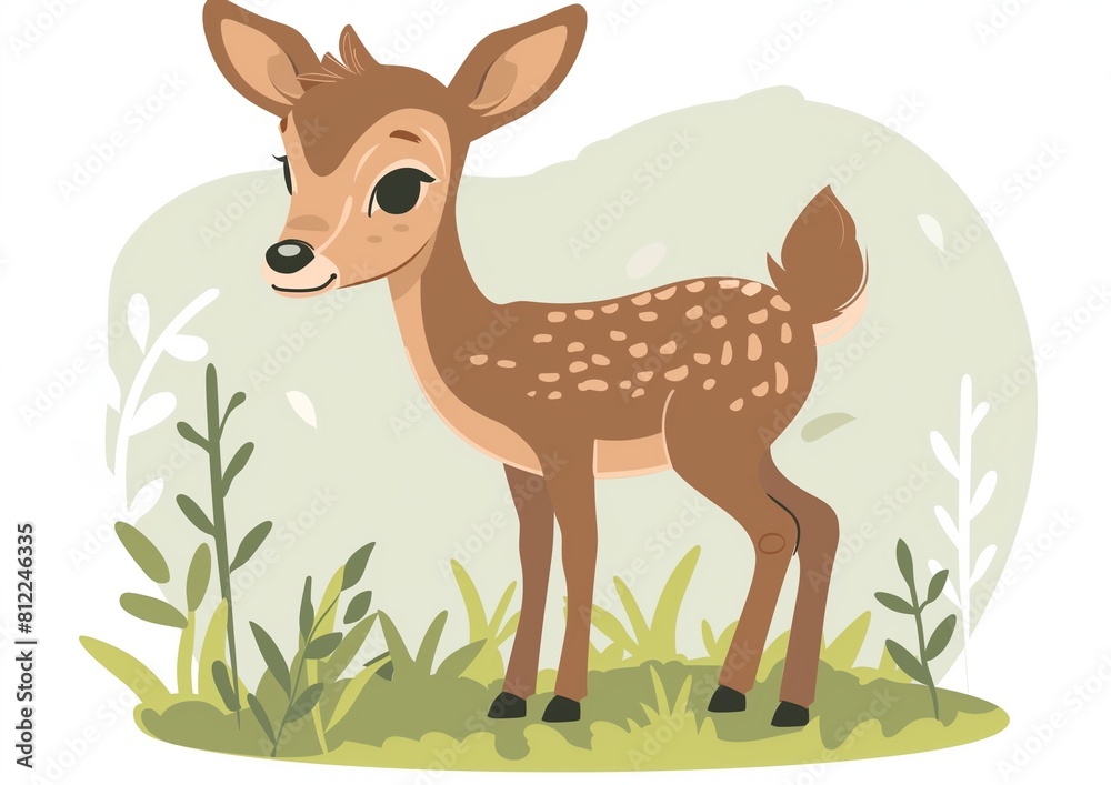 Fototapeta premium Cute Cartoon Fawn in Lush Green Forest Clearing Illustration