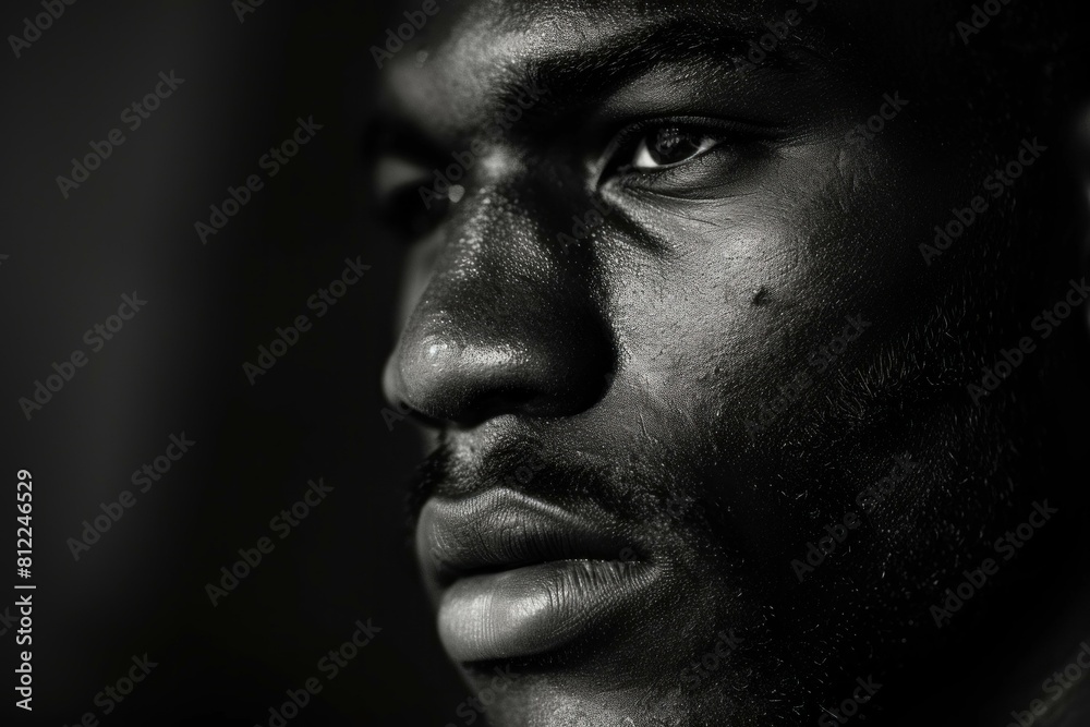 Close-up, high-contrast b&w image capturing the thoughtful expression of a young man Close-up, high-contrast b&w image capturing the thoughtful expression of a young man