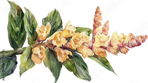 Vibrant Tropical Ginger Flower in Watercolor Style Blooming on White Background photo