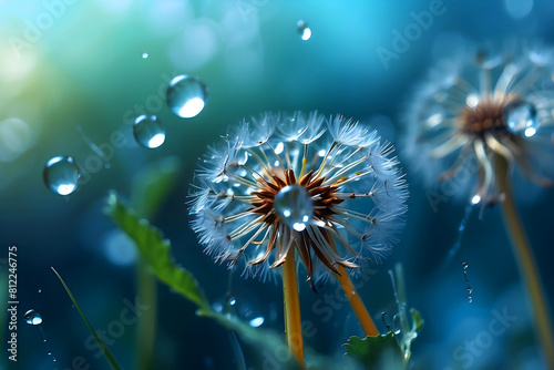 A macro soft-focus photo of dandelion seeds in water droplets on a stunning blue background.
