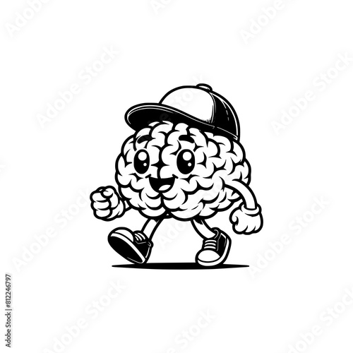 mascot brain wear hat walking with happy face vector illustration