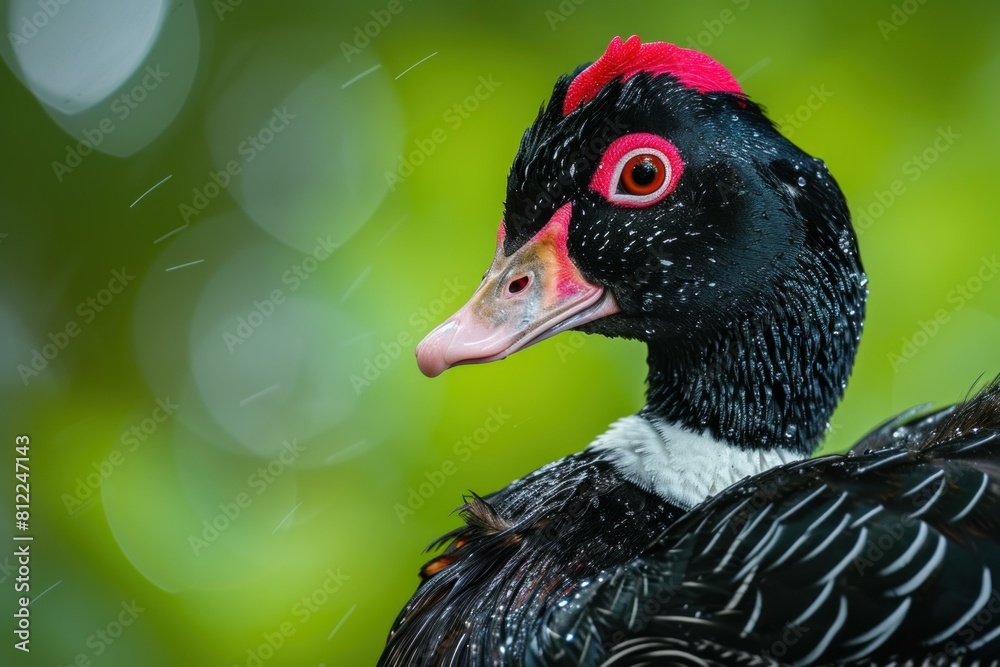 Graceful Black Muscovy duck in green field. Bird with dark feathers in outdoor green grass. Generate ai Graceful Black Muscovy duck in green field. Bird with dark feathers in outdoor green grass. Generate ai