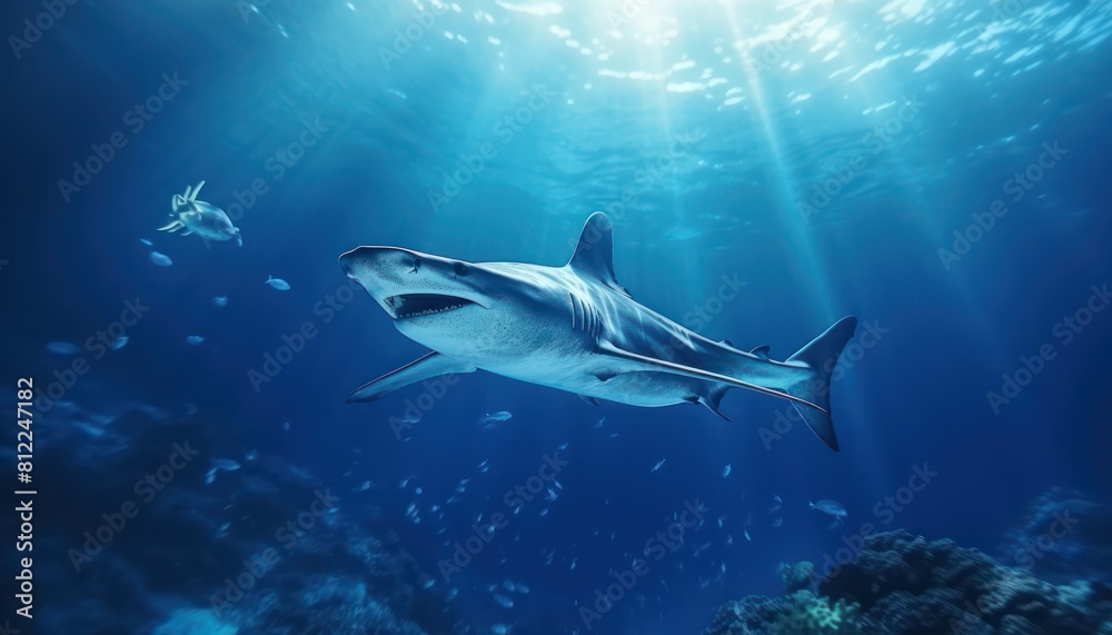 Great White Shark in the ocean, portrait of White shark hunting prey in the underwater Great White Shark in the ocean, portrait of White shark hunting prey in the underwater