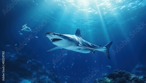 Great White Shark in the ocean  portrait of White shark hunting prey in the underwater