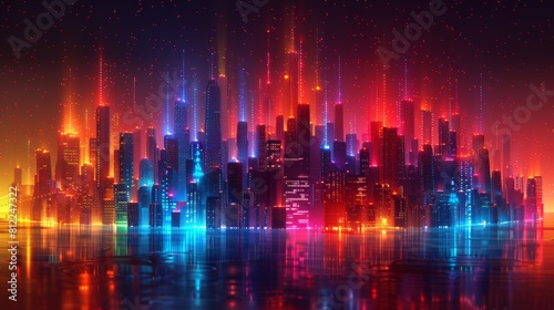 Conceptual representation of a smart city with abstract dots connected by colorful lines. This illustrates a future cityscape with big data connection technology.
