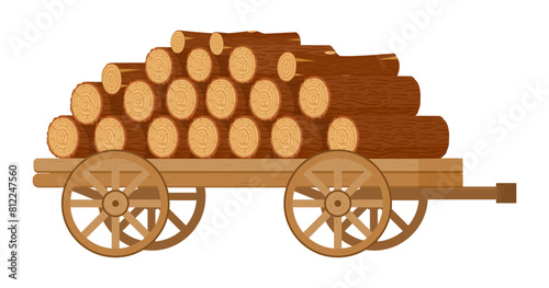 Cart of firewood piles. Cartoon wooden logs and stacked bonfire firewoods in cart, wood industry materials transportation flat vector illustration. Bonfire wooden logs in cart