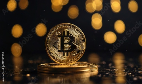 golden bitcoin coins floating in the air, blur, blurred dark background