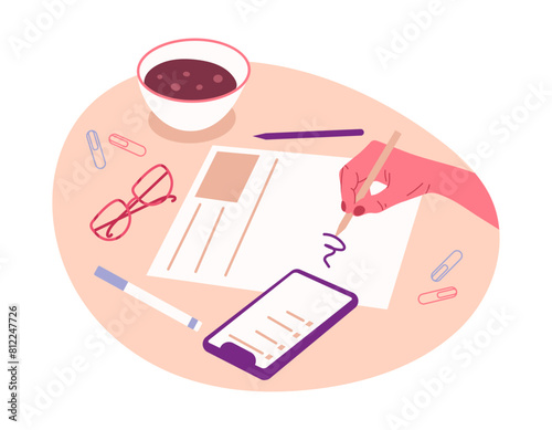 Hand writing. Human hand filling diary, weekly planner or to do list, person signing and taking notes flat vector illustration. Paperwork concept © GreenSkyStudio