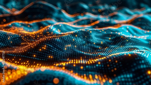 Abstract wave with moving particles. Futuristic background with depth of field and bokeh.