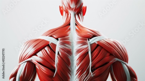 3D realistic illustration of the back muscular system on a white background. Human muscles, medical illustration.