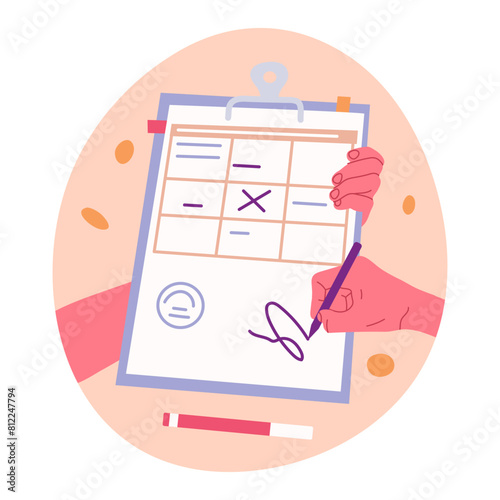 Person signing documents. Human hand filling paper or agenda list flat vector illustration. Paperwork concept
