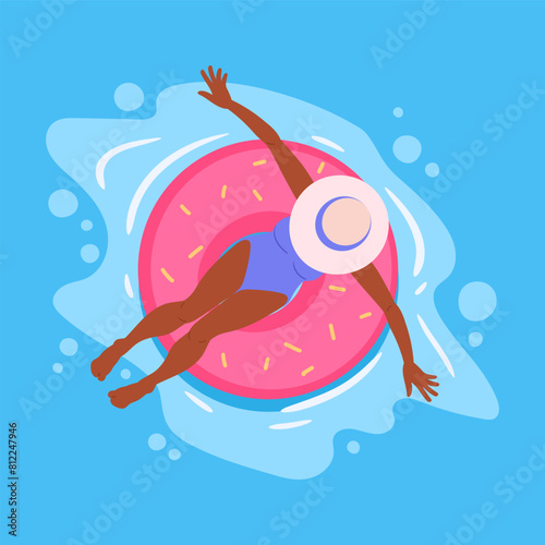 Woman floating on rubber ring. Girl swimming and relaxing on inflatable toy in swimming pool flat vector illustration. Cartoon female character relaxing in pool