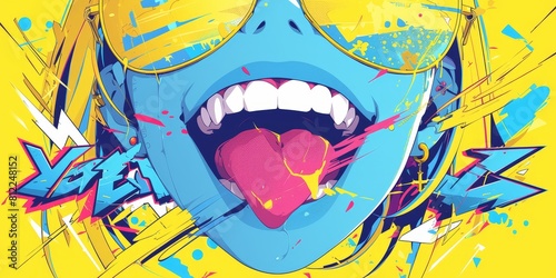 Close up of lips with tongue out  pop art style  colorful illustration  pop culture  happy expression