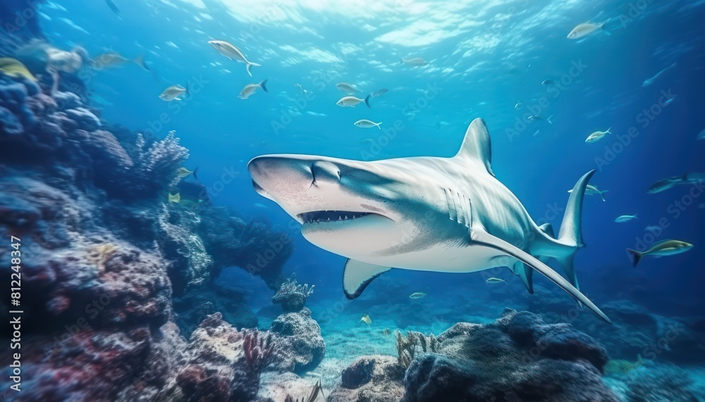 Fototapeta premium Great White Shark in the ocean, portrait of White shark hunting prey in the underwater