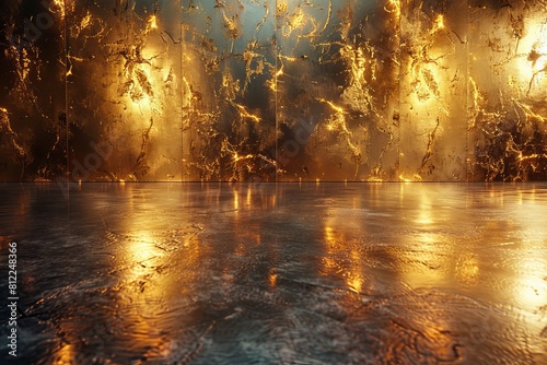 This image captures the splendid reflections of light on a textured golden surface that appears to be wet, adding depth