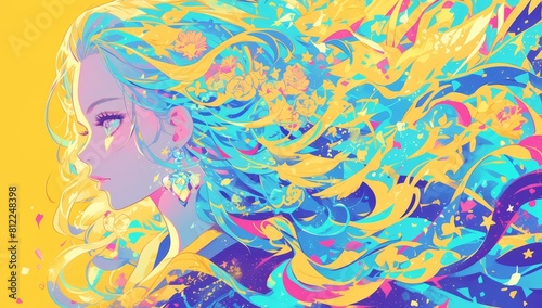 Colorful illustration of a beautiful woman with flowing hair against a white background  with a colorful design