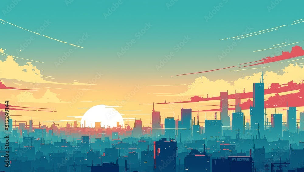 sunset over the city skyline, in a vibrant style, with bold outlines and contrasting colors