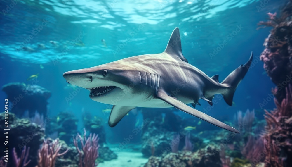 Fototapeta premium Great White Shark in the ocean, portrait of White shark hunting prey in the underwater