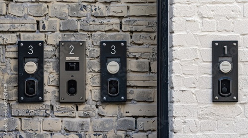 Three intercom on white textured brick wall, Close up. Apartment numbers and push button door buzzer.