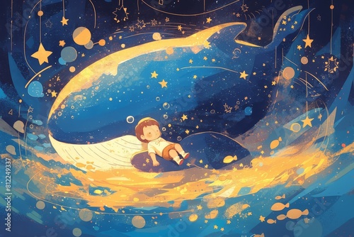 Illustration of a baby laying on the back of a blue whale floating in a dark sky full of stars