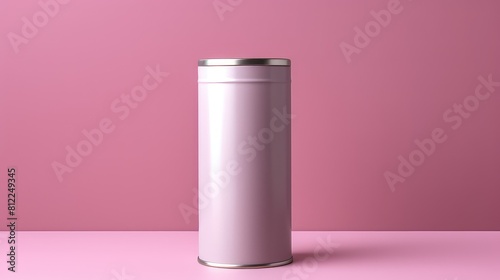 A tall, empty can of pink color is placed on a pink background
