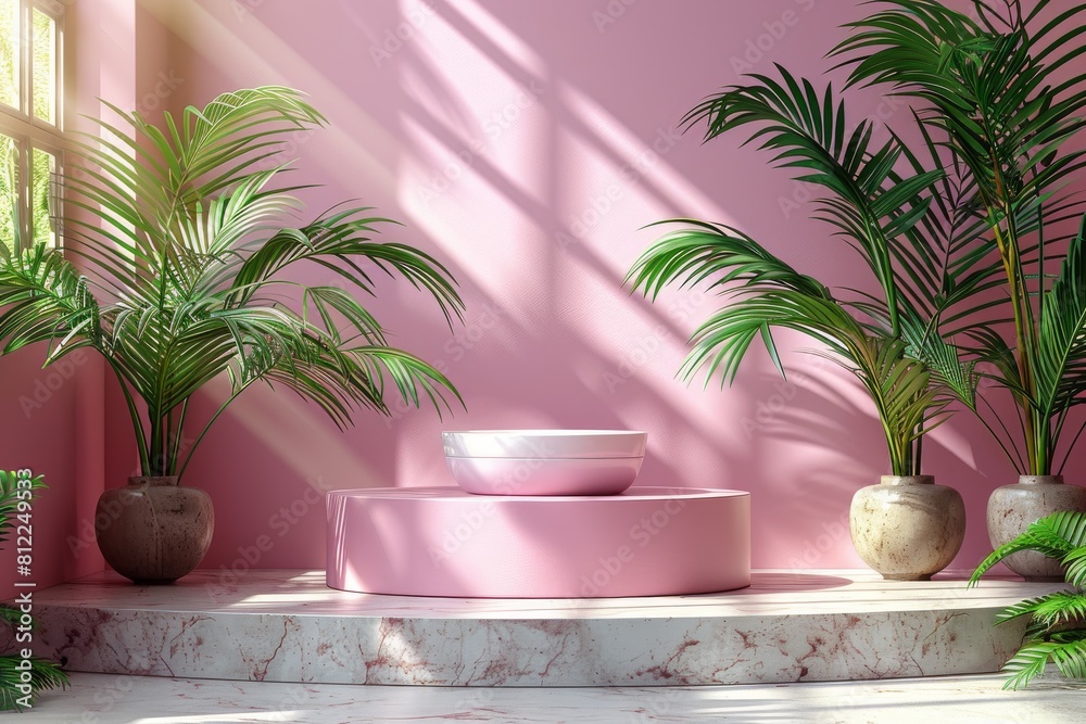 Obraz premium This warm-hued image features a cosmetic jar surrounded by luscious tropical plants bathed in sunlight