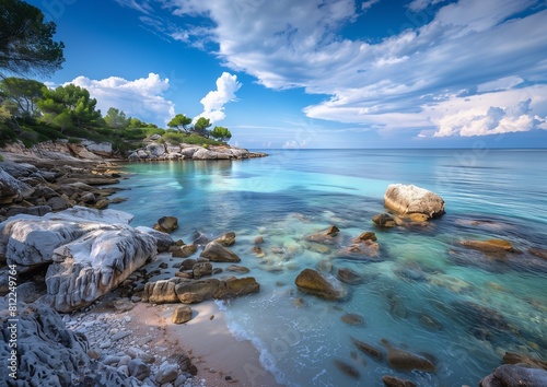 Serene Crystal Clear Water at Rocky Beach with Lush Greenery and Blue Sky photo