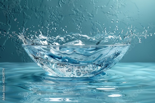 Crisp and detailed image of water splashing in a clear bowl, surrounded by ripples and air bubbles, showcasing the beauty of fluid motion
