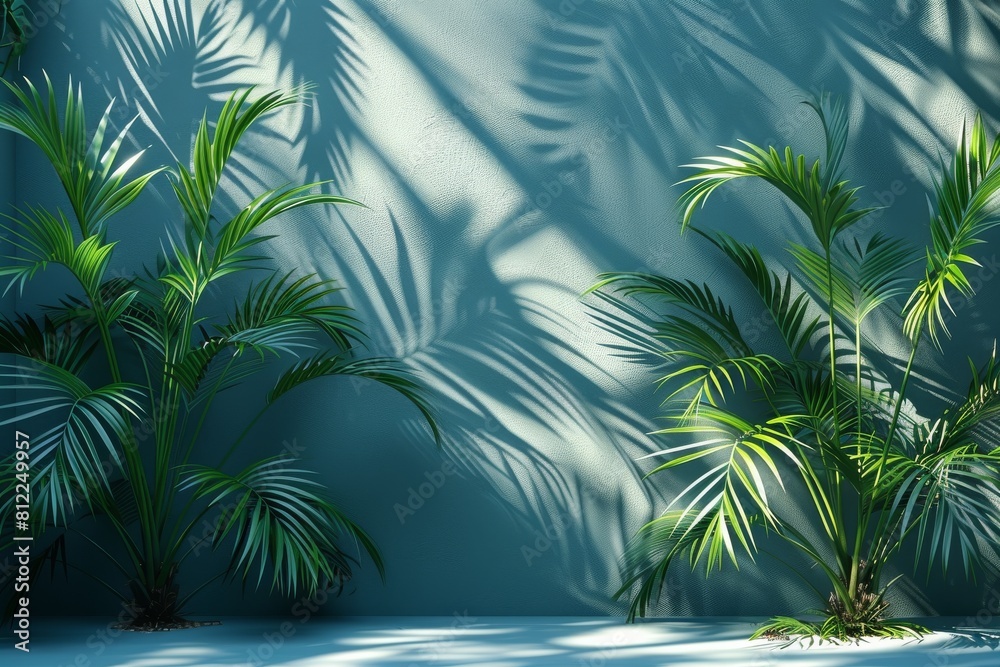 Lush green tropical plants at the foreground with their dense shadows cast on a textured wall in the background, in a peaceful setting