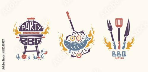 BBQ Time Vector Set. Grill Barbecue Party. Portable Charcoal Grill with Fire Flame. Seafood. Grilled Fish and Vegetables. Barbecue Fork, Spatula, Knife. Hand drawing. Vector illustration.