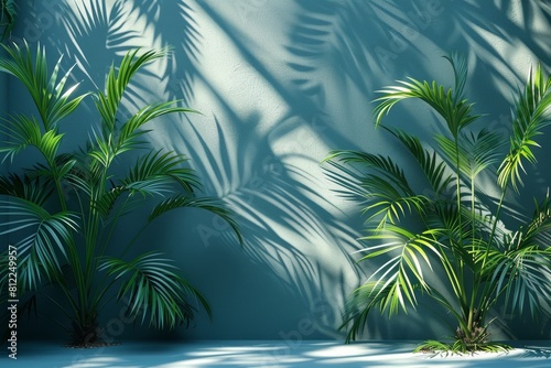 Lush green tropical plants at the foreground with their dense shadows cast on a textured wall in the background  in a peaceful setting