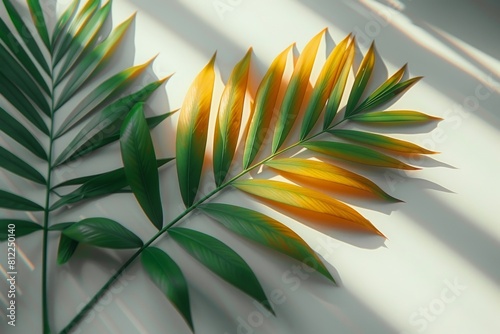 A vibrant tropical palm leaf transitioning from yellow to green, highlighted by soft, natural lighting