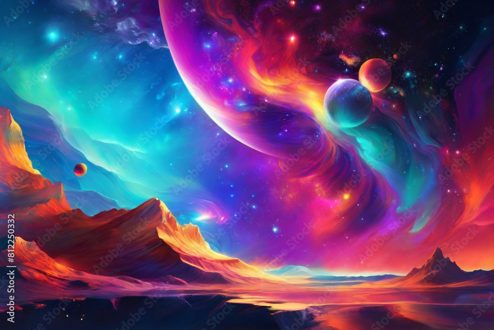 A digital painting of a star-filled sky with colorful auroras dancing over distant planets, offering a surreal wallpaper experience.