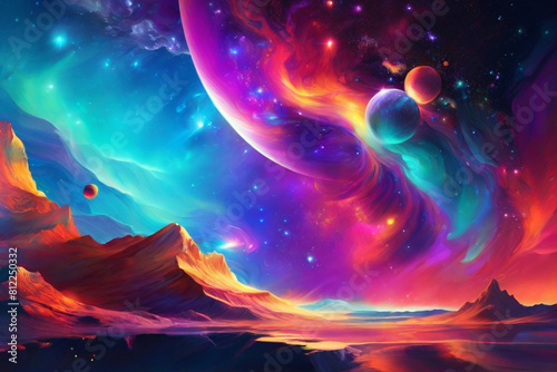 A digital painting of a star-filled sky with colorful auroras dancing over distant planets  offering a surreal wallpaper experience.